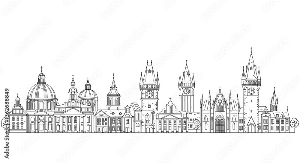 Fototapeta premium Linear illustration of a cityscape, featuring various architectural styles and iconic buildings.