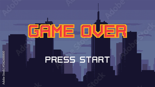 Game Over screen - pixel art with night city landscape background. Dark cityscape banner with Press Start phrase. Retro video arcade game design concept.