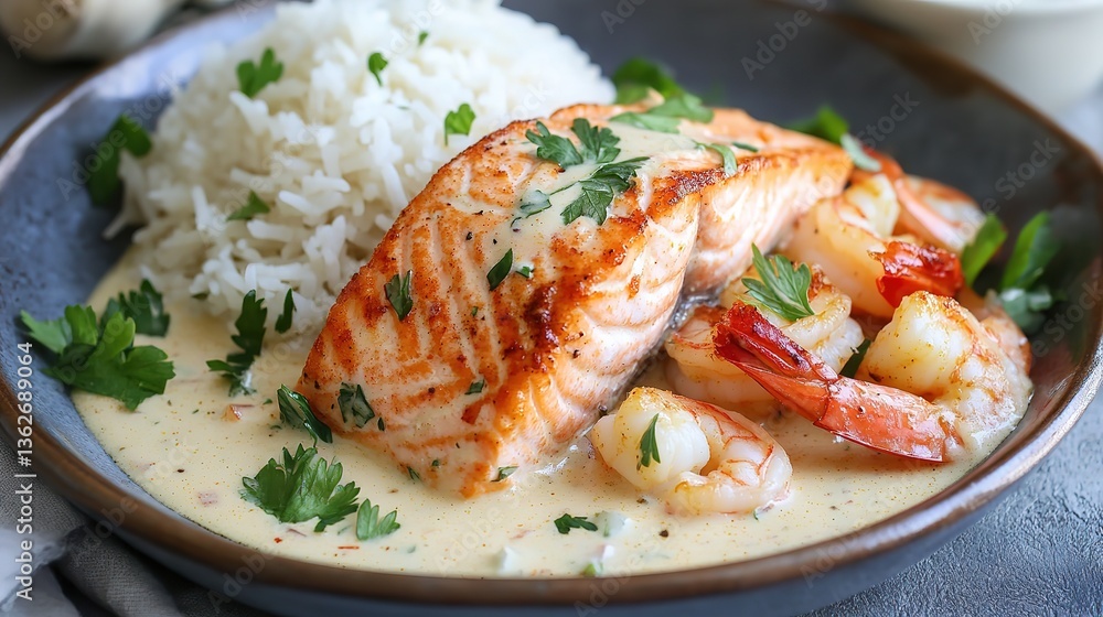 Salmon and Shrimp with Cajun Cream Sauce with rice look tasty in white plate Salmon and Shrimp with Cajun Cream Sauce with rice look tasty in white plate