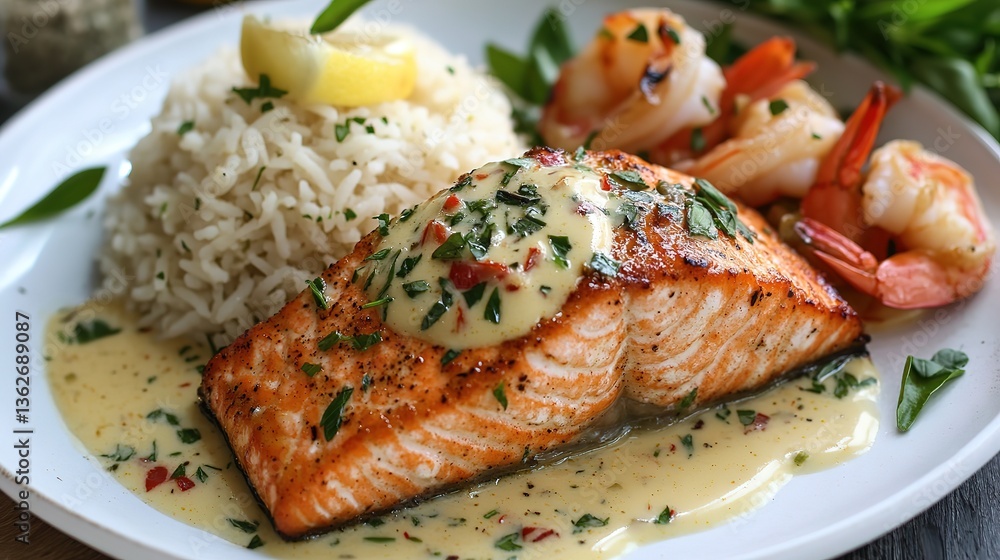 Salmon and Shrimp with Cajun Cream Sauce with rice look tasty in white plate Salmon and Shrimp with Cajun Cream Sauce with rice look tasty in white plate