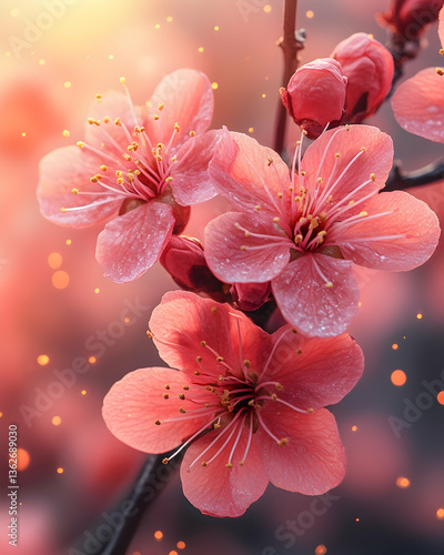 Peach blossoms on branch with blurred pink and yellow lights background, closeup