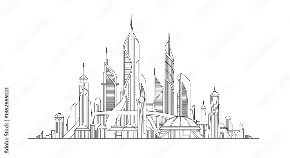 Fototapeta premium Futuristic city skyline, minimalist line art.