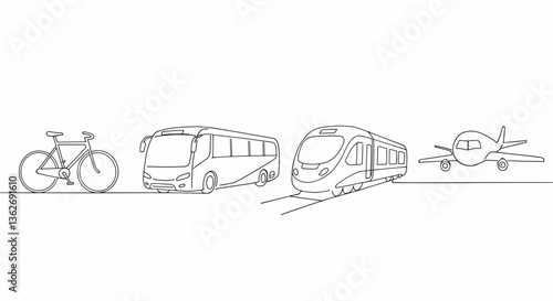 Line art illustration of various modes of transportation. White background    