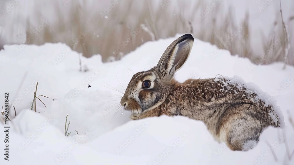 Naklejka premium Wild rabbit in a snowy landscape its thick winter coat keeping it warm as it blends into the white surroundings