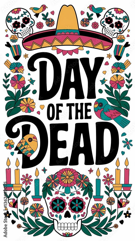 A vibrant and festive Day of the Dead design with bold central text surrounded by colorful sugar skulls marigold flowers traditional sombrero candles, decorative birds in a symmetrical arrangement A vibrant and festive Day of the Dead design with bold central text surrounded by colorful sugar skulls marigold flowers traditional sombrero candles, decorative birds in a symmetrical arrangement