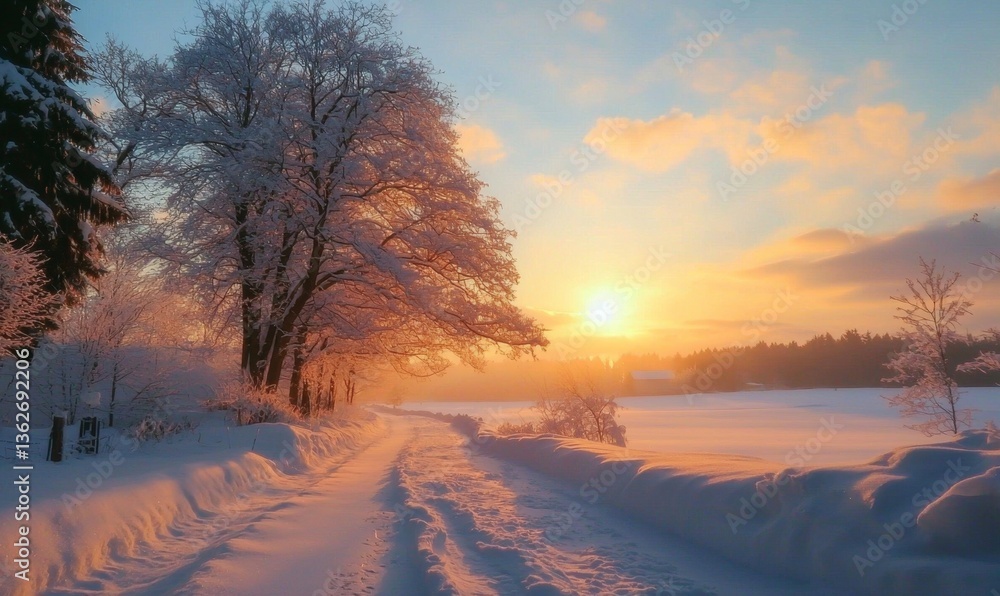 Winter wonderland: serene snow-covered trees adorning a quiet path. Winter wonderland: serene snow-covered trees adorning a quiet path.