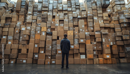 Person facing a huge wall of stacked cardboard boxes inside warehouse