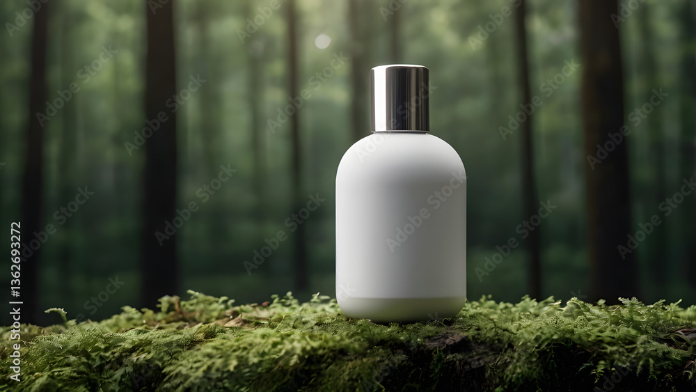 A white matte bottle for cosmetic products stands on a moss-covered field outside against the backdrop of a dark forest A white matte bottle for cosmetic products stands on a moss-covered field outside against the backdrop of a dark forest