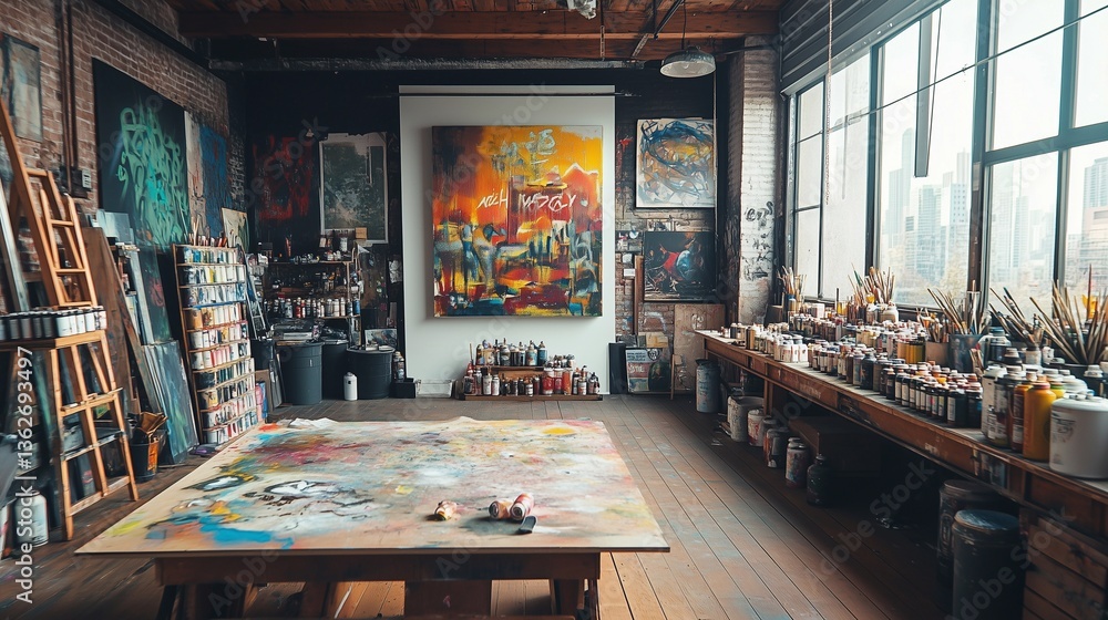 A street artist’s workshop in an urban loft, featuring spray paint cans, graffiti sketches, and a bold, unfinished mural on a large canvas. A street artist’s workshop in an urban loft, featuring spray paint cans, graffiti sketches, and a bold, unfinished mural on a large canvas.