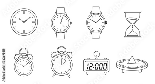 Collection of timekeeping devices: clocks, watches, and hourglass. White background    