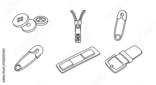 Various clothing fasteners: buttons, zipper, safety pins, and a buckle. White background    
