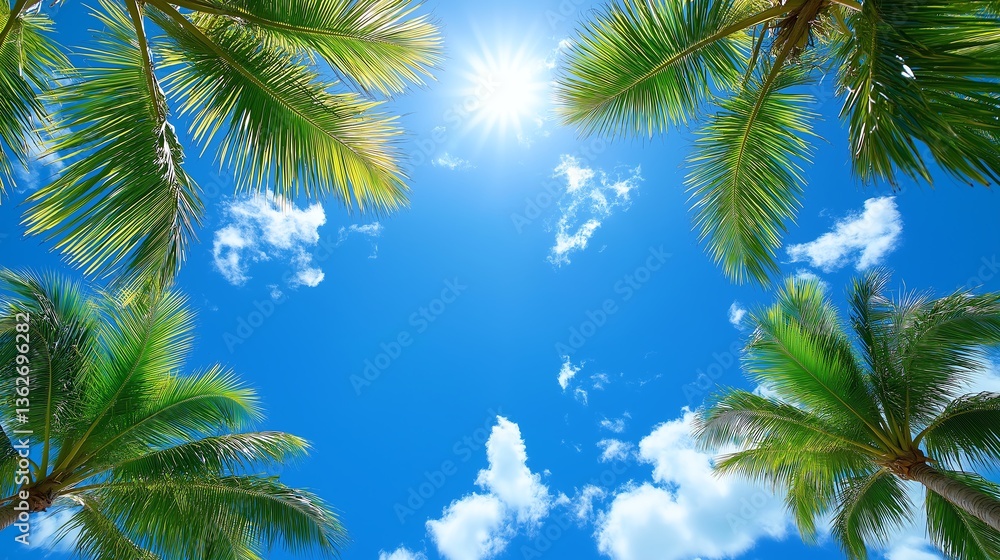 A vibrant view of palm trees framing a bright blue sky with fluffy white clouds, evoking a sense of tranquility and escape. Perfect for themes of nature, travel, and relaxation. A vibrant view of palm trees framing a bright blue sky with fluffy white clouds, evoking a sense of tranquility and escape. Perfect for themes of nature, travel, and relaxation.