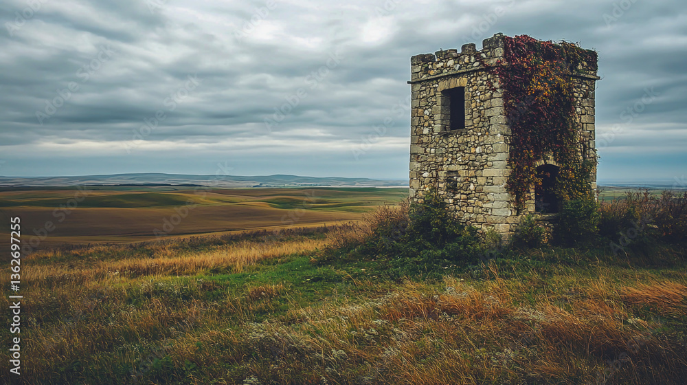 An old, abandoned watchtower standing alone in a desolate landscape An old, abandoned watchtower standing alone in a desolate landscape