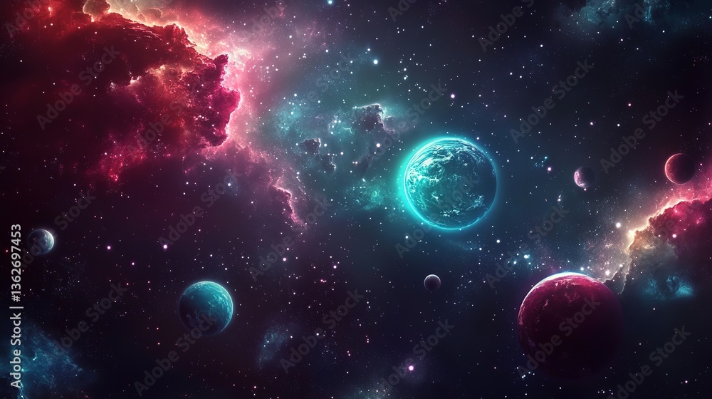 Obraz premium abstract background, deep space scenery with planet and gas glowing neon light 