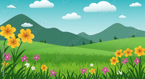 Cartoon landscape with flowers mountains and cloudy sky