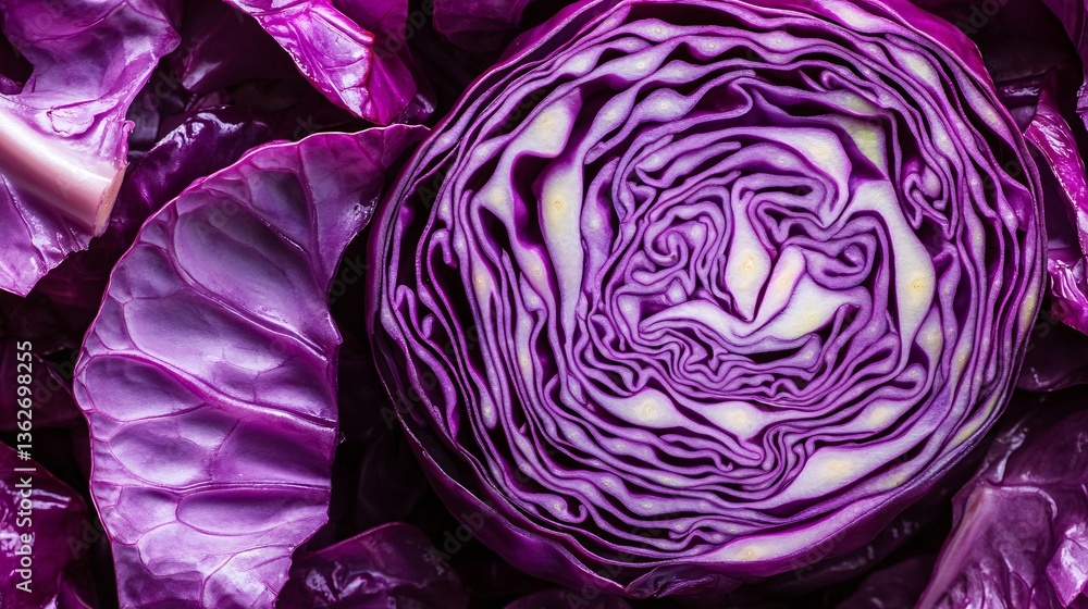 Obraz premium Vibrant Purple Cabbage Sliced in Half, Displaying Intricate Patterns and Textures