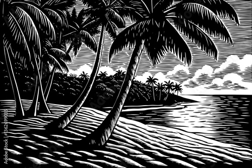Tropical sandy ocean beach with palm trees black and white hand drawn sketch 
