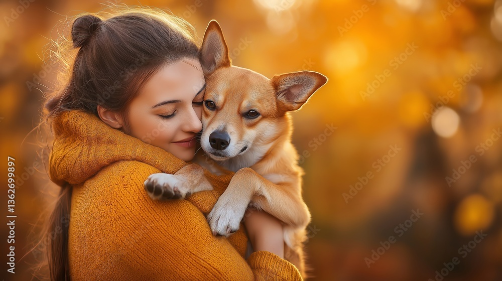 A warm moment shared between a young woman and her cheerful dog during autumn, highlighting the bond of friendship and love in a nature-filled environment. A warm moment shared between a young woman and her cheerful dog during autumn, highlighting the bond of friendship and love in a nature-filled environment.