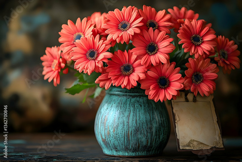 Orange gerbera daisies in a blue vase with a blank tag on a wooden table