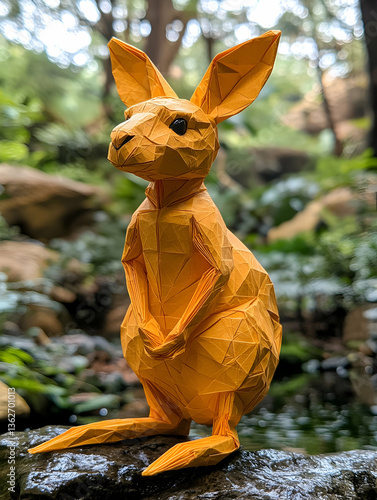 Orange kangaroo figurine stands outside by stream