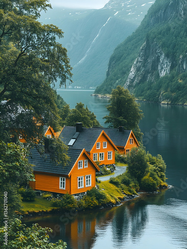 Orange houses near fjord