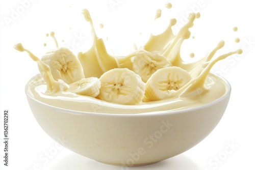 Delicious bananas splashing in milk yogurt or smoothie isolated on white background