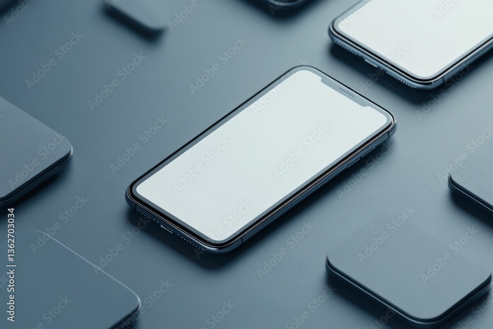 Modern smartphones arranged on a minimalistic surface with blank screens showcasing simple design aesthetics Modern smartphones arranged on a minimalistic surface with blank screens showcasing simple design aesthetics