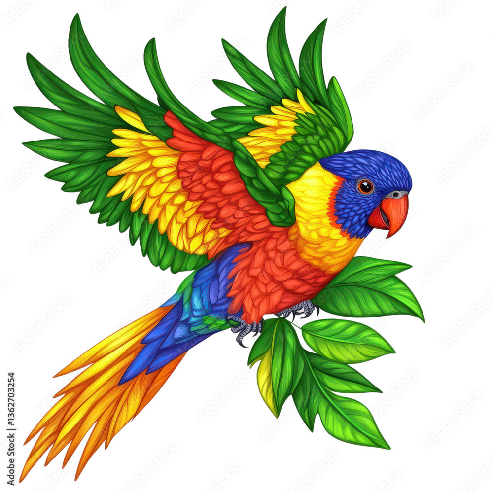 Obraz premium Vibrant Wings: A mesmerizing illustration showcasing a brilliantly colored parrot taking flight against a clean background, with intricate feather details and lush green foliage.