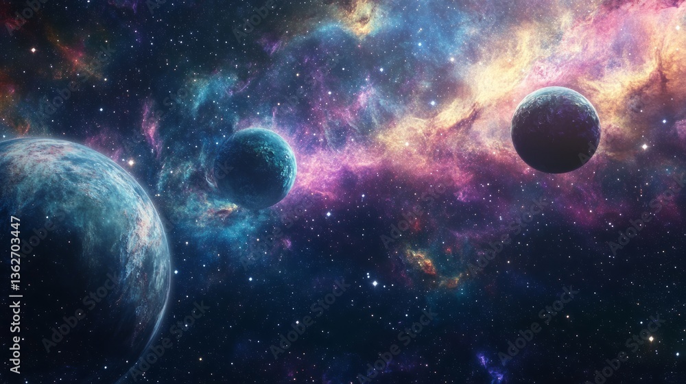 A dreamy universe with floating planets, colorful nebulas, and an infinite backdrop of radiant stars