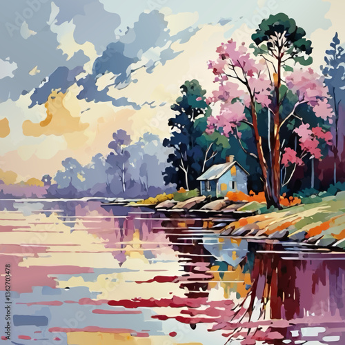 spring landscape with lake and cottage vector illustration