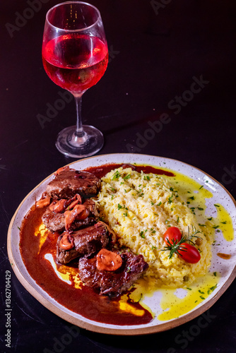 grilled meat and wine
