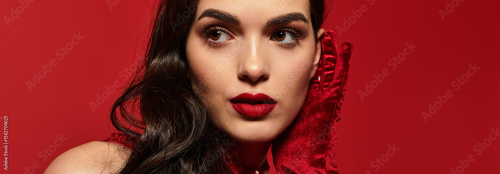 Fototapeta premium Elegant portrait of a young woman with striking red lips against a vivid backdrop