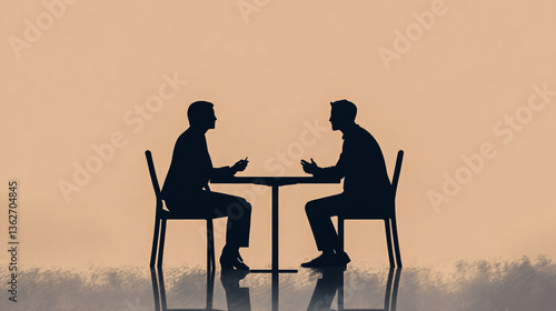 Silhouette illustration of two business professionals having a conversation, sitting at a table