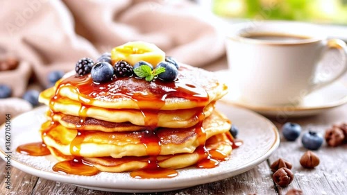Delicious stack of pancakes with syrup and fresh berries on a plate ai generate