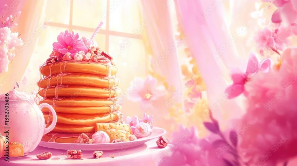 Delightful Stack of Pancakes with Honey and Pink Floral Accents in Soft Light Delightful Stack of Pancakes with Honey and Pink Floral Accents in Soft Light