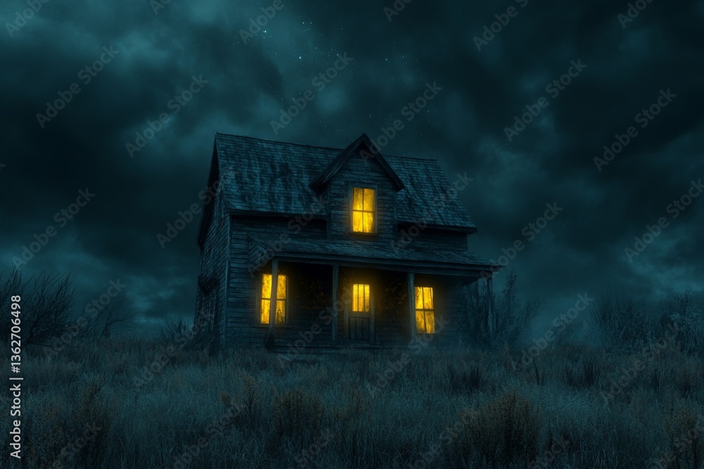 Old abandoned house with glowing yellow windows under dark stormy sky at night in isolated landscape Old abandoned house with glowing yellow windows under dark stormy sky at night in isolated landscape