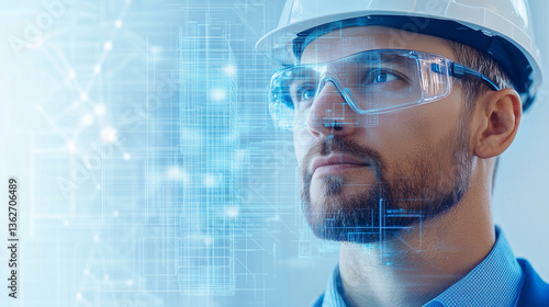 a man wearing safety goggles and a hard hat stare optimistically at a blueprint projection.