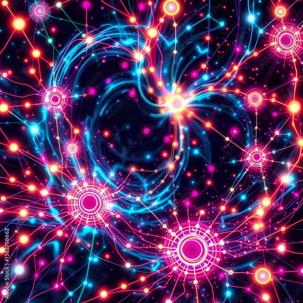 Fototapeta premium Vibrant Neon Cyberpunk Galaxy with Interconnected Nodes