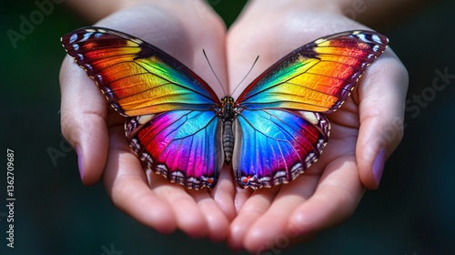Vibrant Rainbow Butterfly in Hands – Colorful Nature Beauty