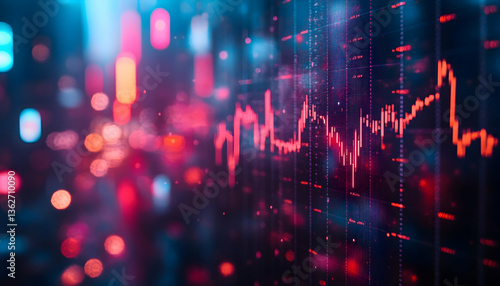 Red graph overlaid on bokeh lights, blue digital background
