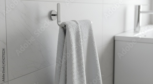 A soft white towel neatly hanging on a sleek bathroom hook, minimalistic decor