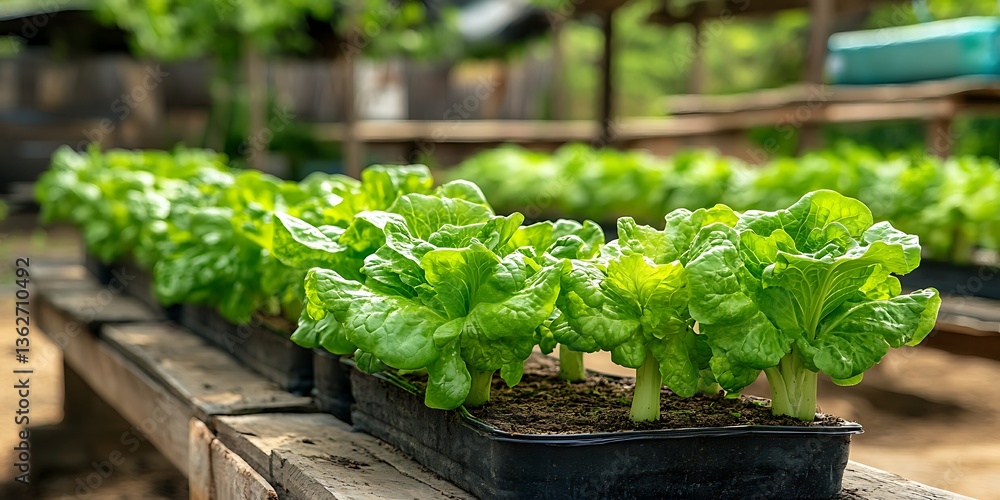 Fresh green lettuce plants growing inside black garden containers Fresh green lettuce plants growing inside black garden containers