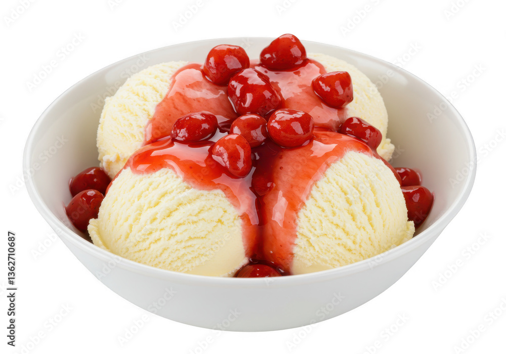 A bowl of creamy vanilla ice cream scoops topped with bright red strawberry syrup isolated on transparent background A bowl of creamy vanilla ice cream scoops topped with bright red strawberry syrup isolated on transparent background