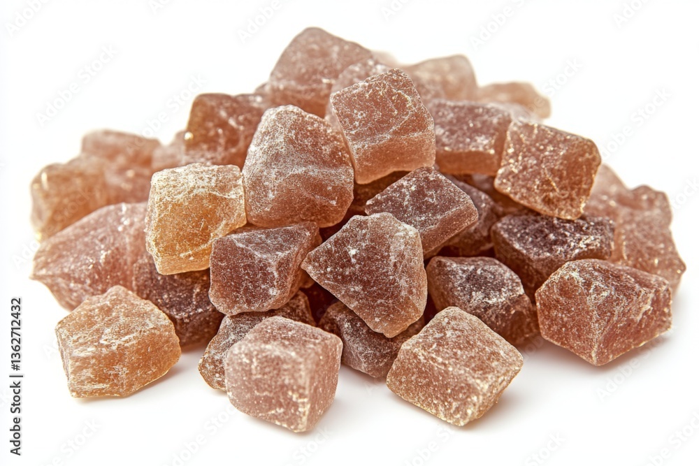 Natural sugar crystals displayed on a white surface showcasing their unique shape and color variations Natural sugar crystals displayed on a white surface showcasing their unique shape and color variations
