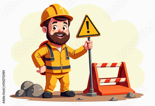 笑顔の作業員が感嘆符のサインを持っている、このかわいい漫画のイラストで、建設現場の安全を促進しましょう。魅力的な安全ポスターやトレーニング教材の作成に最適です。


