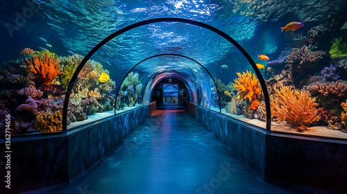 Fototapeta Naklejka Na Ścianę i Meble -  Underwater tunnel showcasing vibrant coral reef and diverse fish species, creating an immersive and awe-inspiring experience, ideal for aquarium or marine life concepts