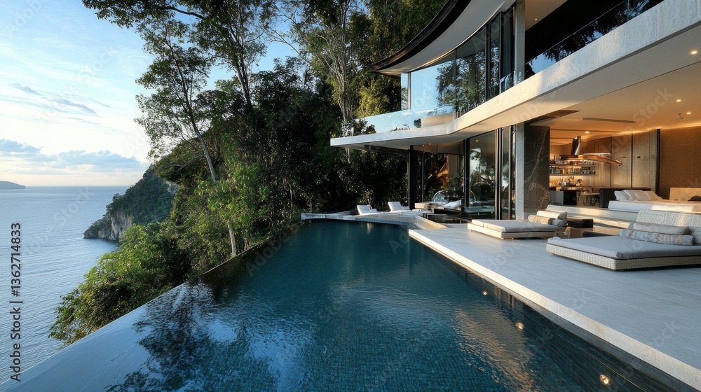 Fototapeta premium Luxurious infinity pool overlooking ocean tropical villa architectural photography serene environment panoramic view modern design