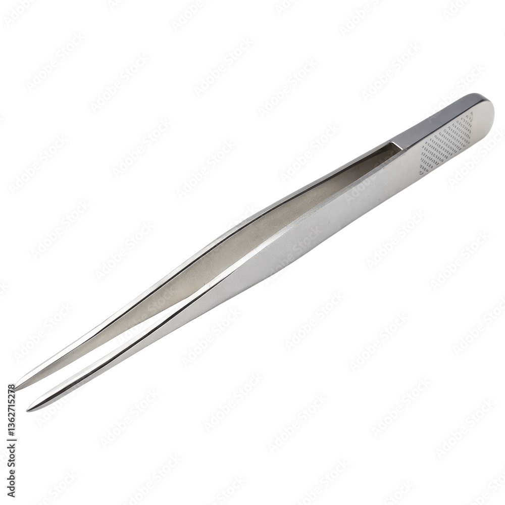 A sleek pair of stainless steel tweezers with pointed tips, designed for precision gripping and handling of small objects. A sleek pair of stainless steel tweezers with pointed tips, designed for precision gripping and handling of small objects.