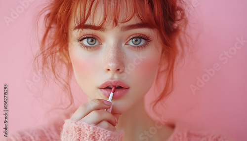 Redhead applies lip gloss Soft focus, pink background