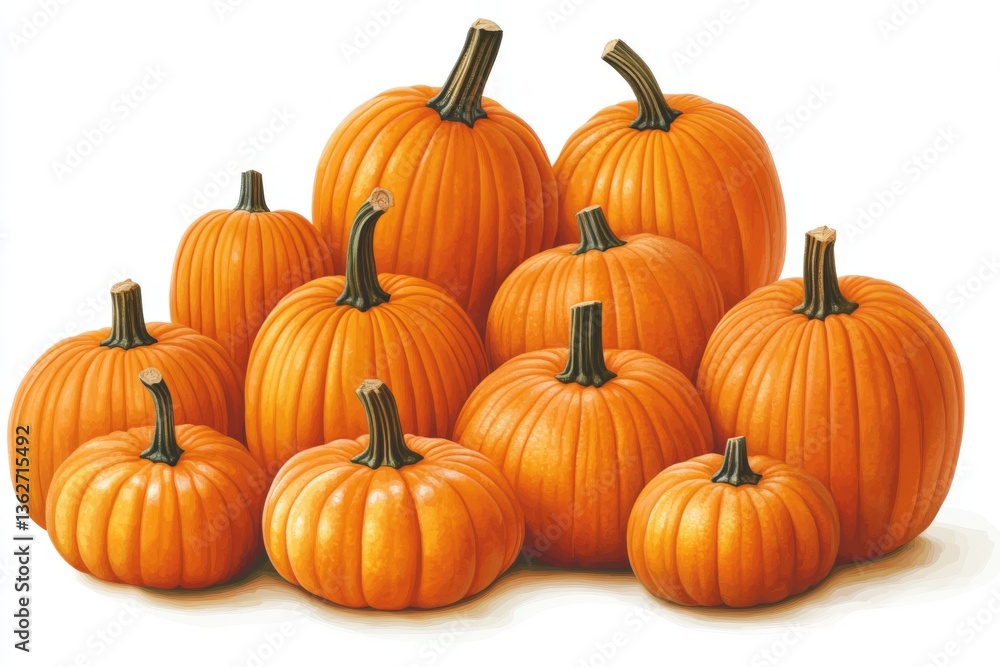 Group of bright orange pumpkins arranged in various sizes on a white background during fall season festivities Group of bright orange pumpkins arranged in various sizes on a white background during fall season festivities